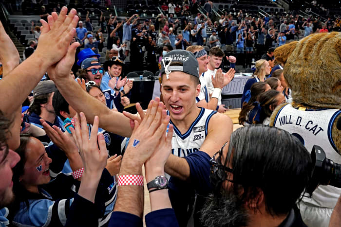 Villanova Wildcats guard Collin Gillespie (2) celebrates after beating the Houston Cougars in the finals of the South regional of the men's college basketball NCAA Tournament at AT&T Center.